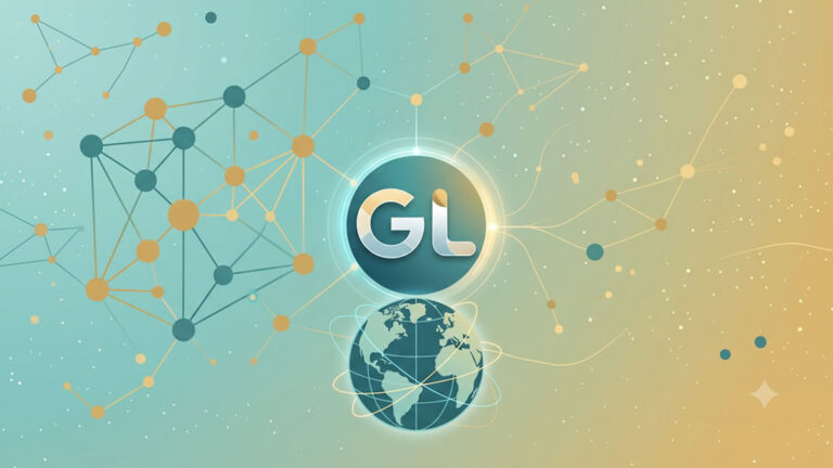 Ilustração conceitual mostrando um logo 'GL' conectado por redes neurais a um globo terrestre, representando Inteligência Artificial, GEO e SEO Global.
